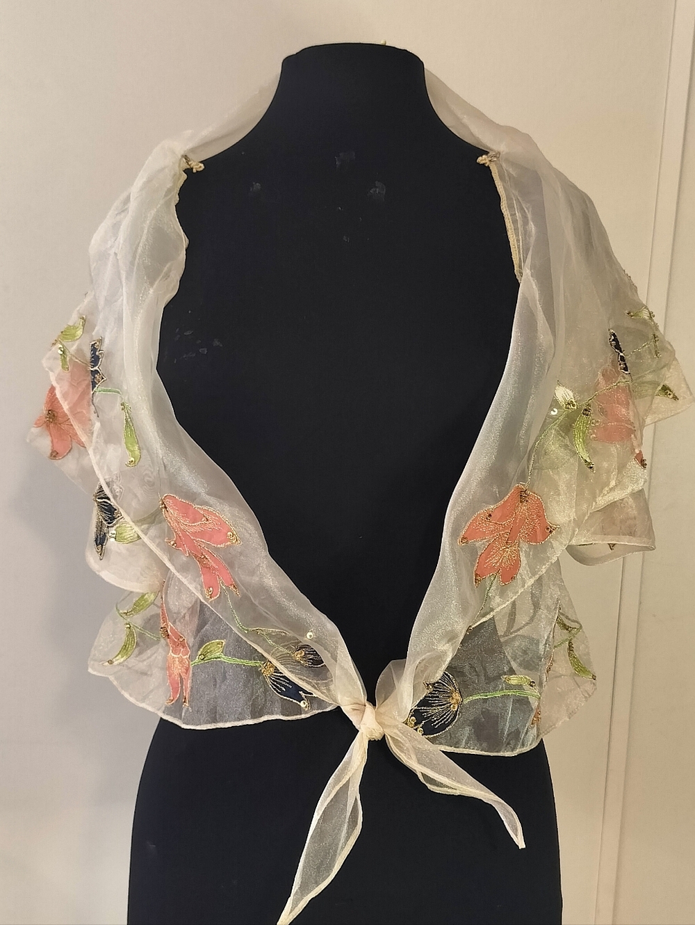 Sheer Embroidered Floral  Alampai Shawl - Ivory with Coral & Green